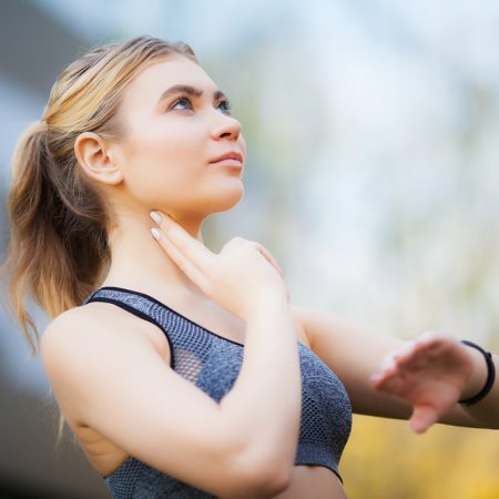 Fitness.,Woman,Measures,Her,Pulse,After,Cardio,Exercise,Or,Running