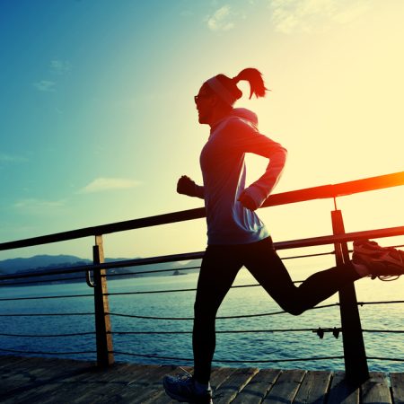 Healthy,Lifestyle,Sports,Woman,Running,On,Wooden,Boardwalk,Sunrise,Seaside